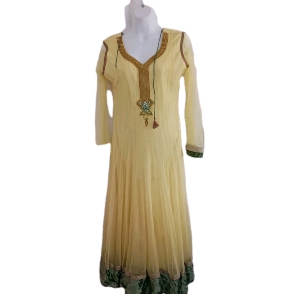 Indian Dress Ethnic Middle Eastern  Yellow Green Bead Sparkle Tulle Large